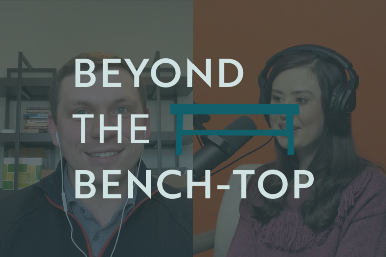 Beyond the bench-top is an image of a St. Charles podcast video.