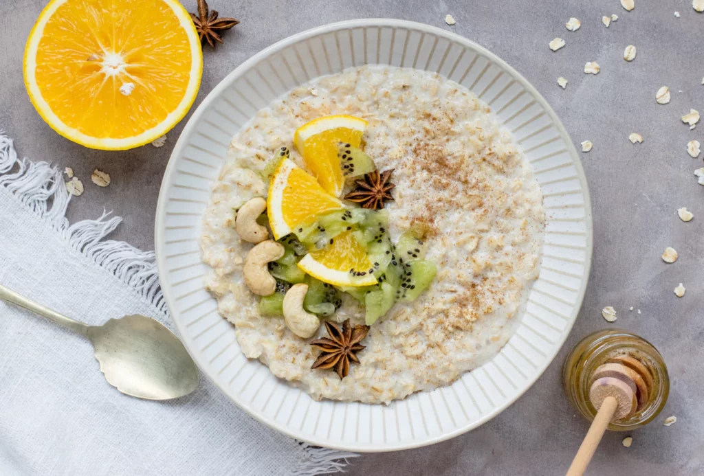 Cream of Wheat in a bowl with fruit, oats, and grains.