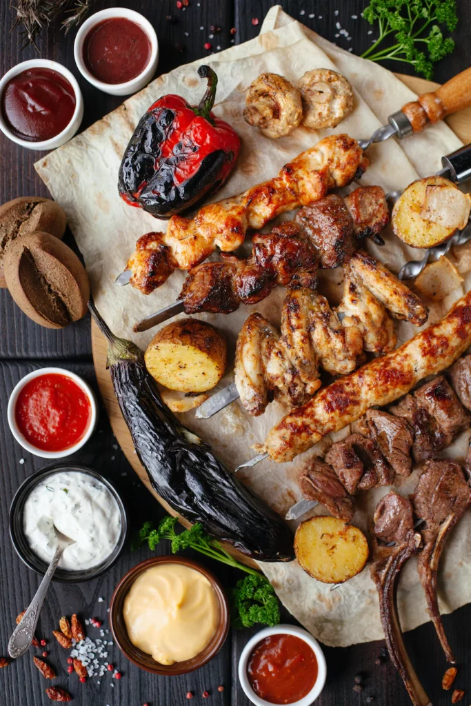 Tray of meats and sauces.