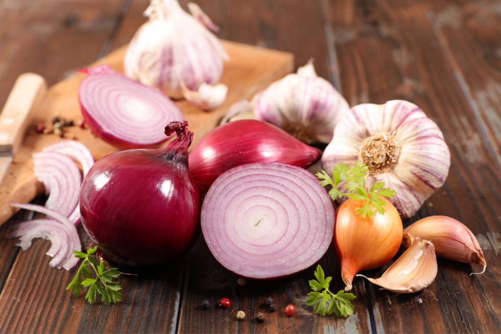 Several onions bunched together.