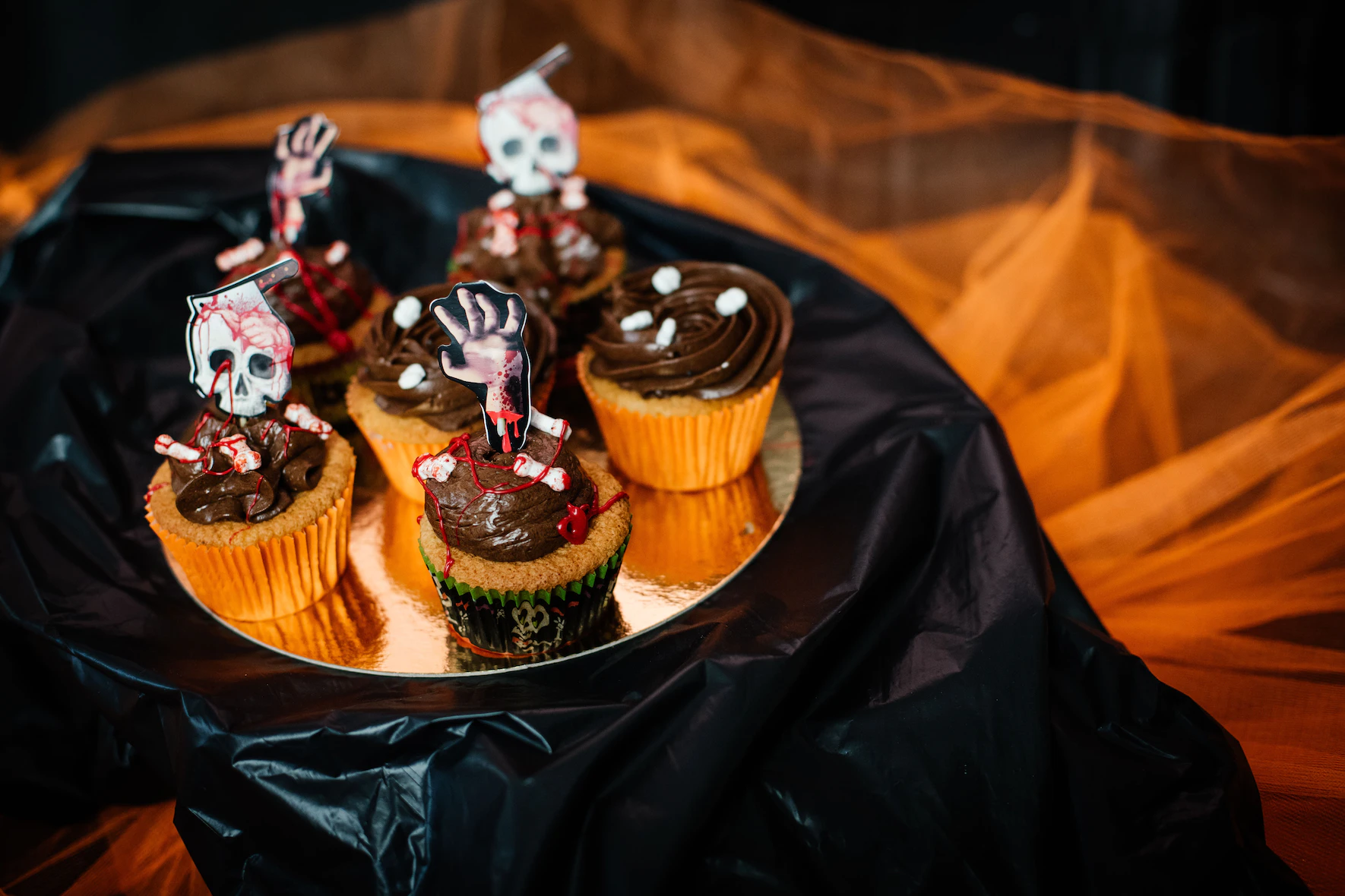 Tray of Halloween cupcakes.