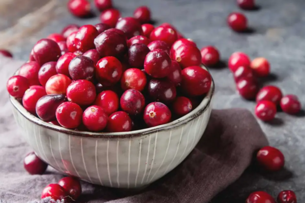 Red cranberries in a bowl on top of a counter.