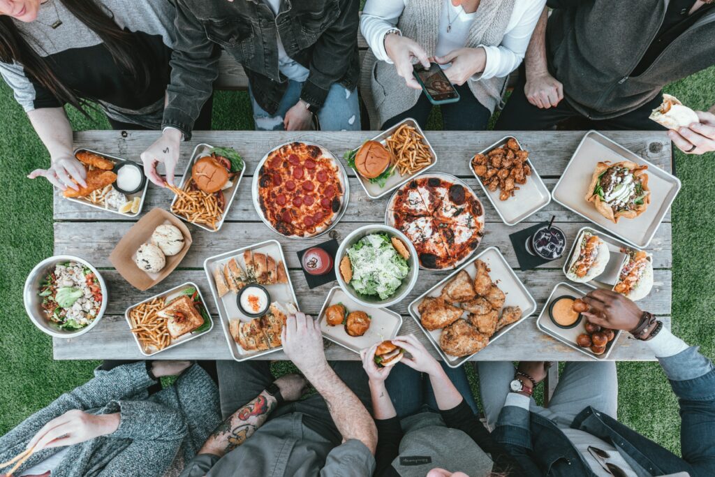 People enjoying a thanksgiving meal together.