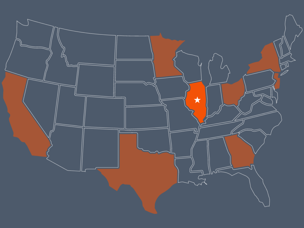 Picture of the US map and the states of our distribution centers highlighted in orange.