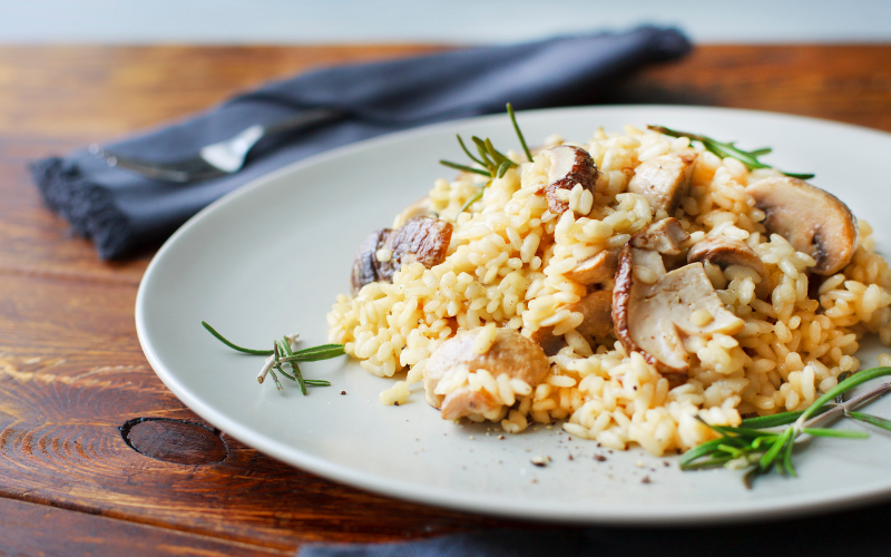 Easter Spring Vegetable Risotto served neatly on a white plate