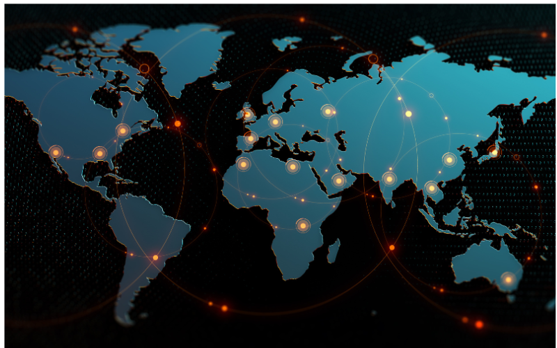Photo of a map with lights in major cities around the world.