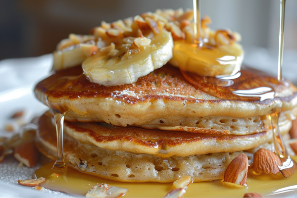 Buttermilk Powder Pancakes with delicious almonds and bananas on top