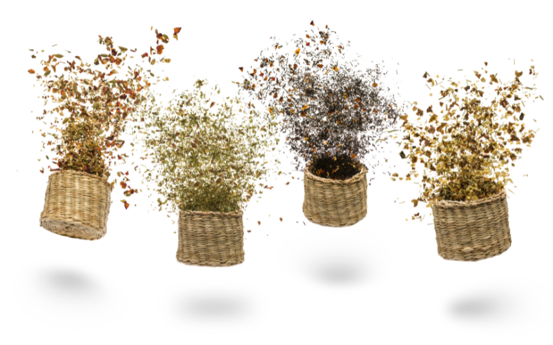 A photo of four baskets filled with spices tossed in the air with the blends flying upwards.