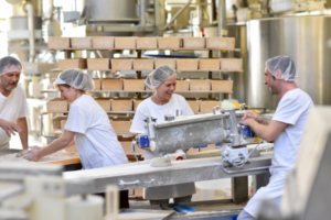 Four workers in hairnets and white clothes using calcium propionate at their commercial bakery for loaves of bread