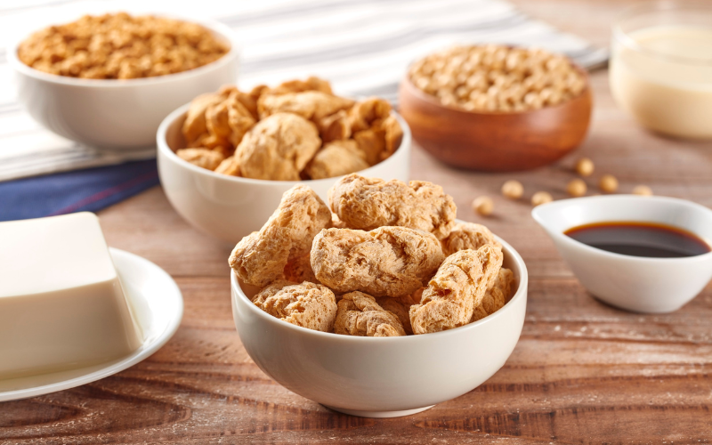Bowls filled to the brim with soy protein